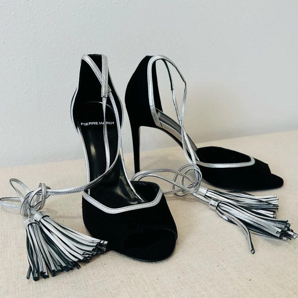 New Pierre Hardy leather suede black silver tassel sandals - Picture 5 of 12